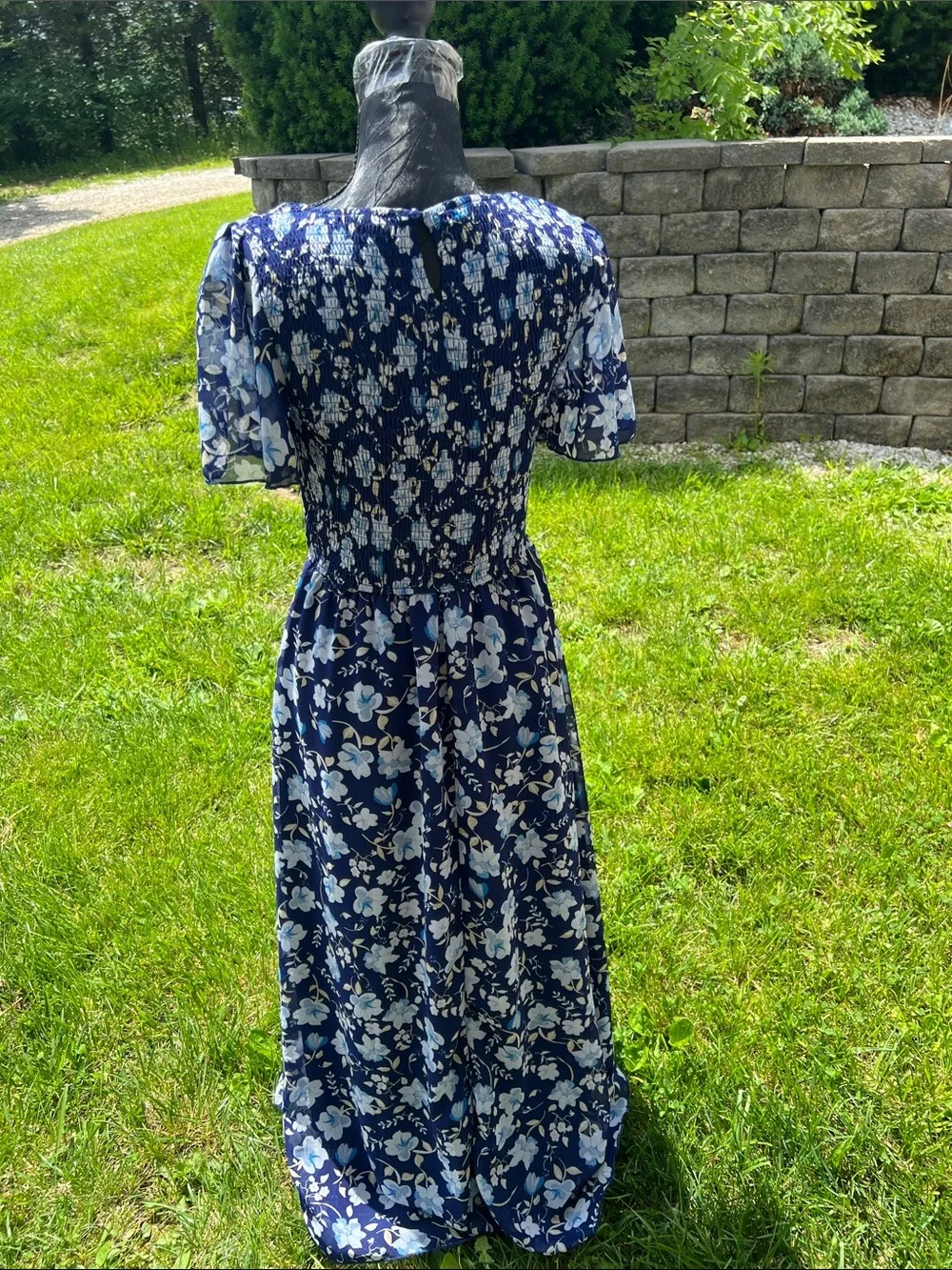 Navy Blue Floral Maxi Dress with Smocked Waist - Picture 3 of 4